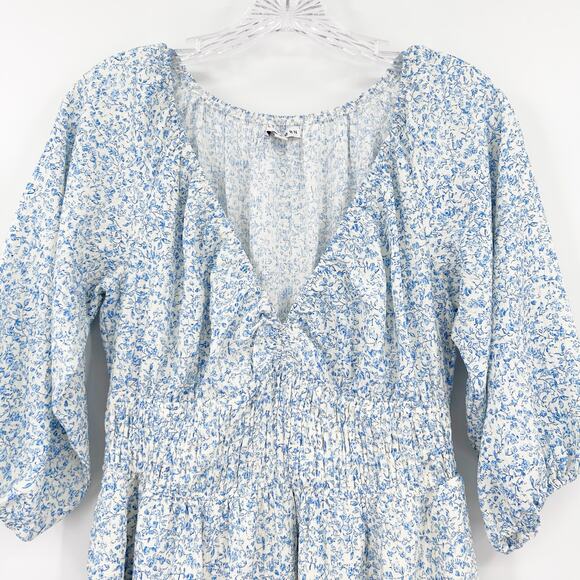 Baltic Born Koa Short Dress Blue Cream Ditsy Floral Smocked Waist Womens Sz S - Picture 4 of 12